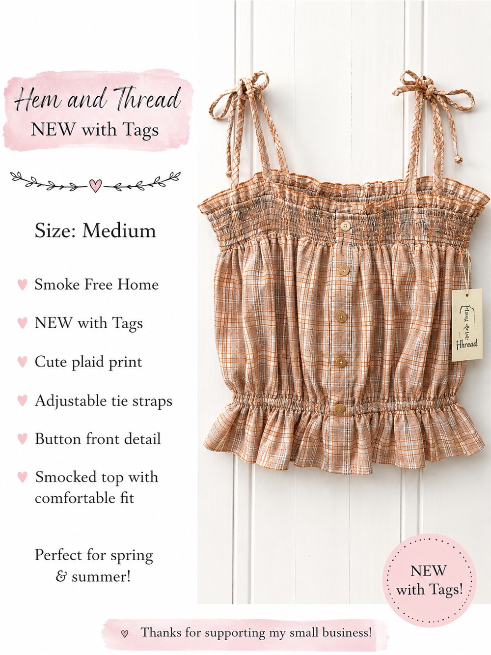 Hem & Thread Peach Plaid Smocked Button Crop Top Medium NWT